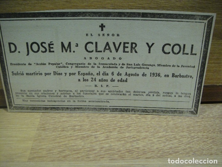 Militaria: esquela de d, jose maria claver coll abogado fusilado en barbastro el 6 de agosto de 1936