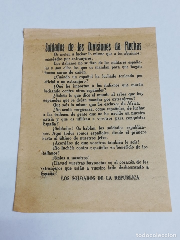 Militaria: HOJA VOLANDERA DE PROPAGANDA REPUBLICANA, PLENA GUERRA CIVIL, DIRIGIDAS A LOS SOLDADOS DE LAS DIVISI