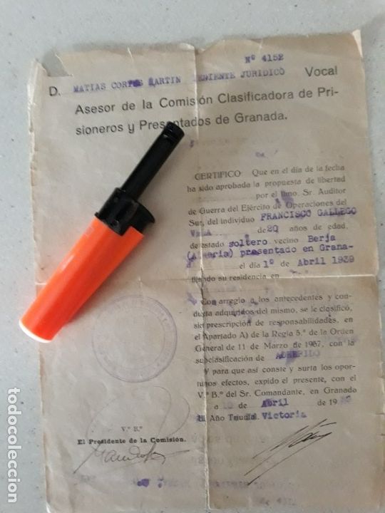 Military Antiques: Certificado d libertad prisionero vecino d berja almeria 1939