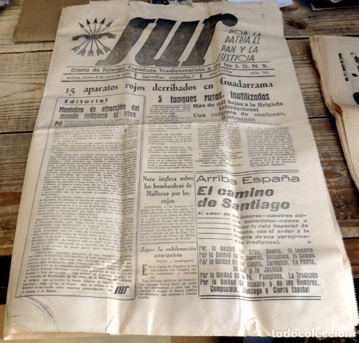 Militaria: GUERRA CIVIL, DIARIO SUR, FALANGE,03/06/1937, GUADARRAMA, AMOREBIETA, BILBAO, ETC...