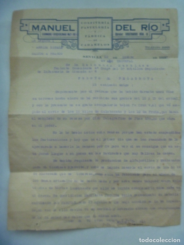 Military Antiques: GUERRA CIVIL: CARTA MANUEL RIOS ( INDUSTRIAL CONFITERIA) A JEFE FRENTE PE&Ntilde;ARROYA SOBRE PEDIDO, 1937