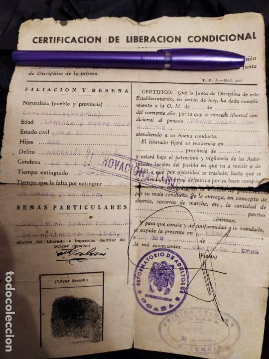 Militaria: CERTIFICADO CERTIFICACI&Oacute;N DE LIBERACI&Oacute;N CONDICIONAL 1943 REFORMATORIO ADULTOS OCA&Ntilde;A
