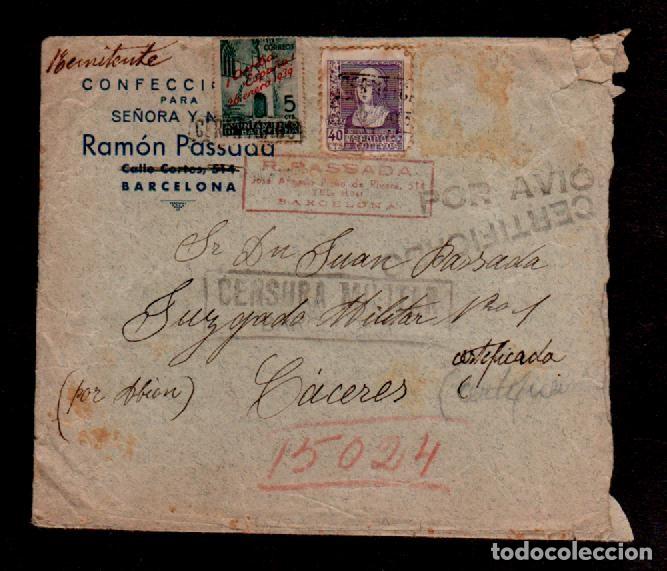 Militaria: C15-6-10 Guerra Civil Historia Postal Carta circulada CERTIFICADA POR AVION de BARCELONA a CACERES e