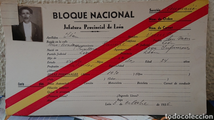 Militaria: Leon, guerra civil, bloque nacional, ficha, muy raro, original y buen estado