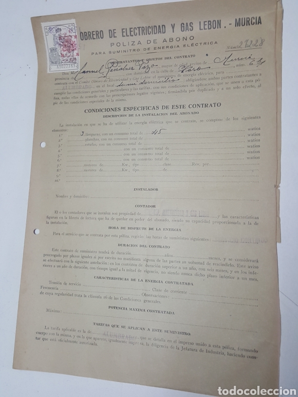 Militaria: Poliza de abono Obrero de electricidad y gas Lebon Murcia a&ntilde;o 1938