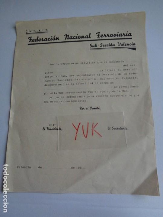 Militaria: HOJA - FOLIO DE INSCRIPCION EN LA FEDERACION NACIONAL FERROVIARIA CNT AIT - GUERRA CIVIL VALENCIA