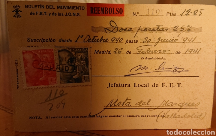 Militaria: Falange espa&ntilde;ola, guerra civil, tarjeta de suscripci&oacute;n, Valladolid, muy rara
