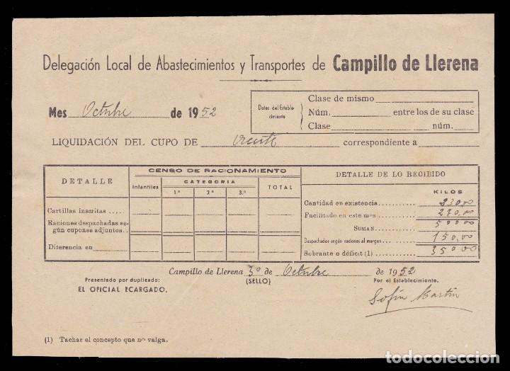 Military Antiques: *** HOJA DE LIQUIDACI&Oacute;N DE CUPO DE RACIONAMIENTO 1952 CAMPILLO DE LLERENA (BADAJOZ) ***