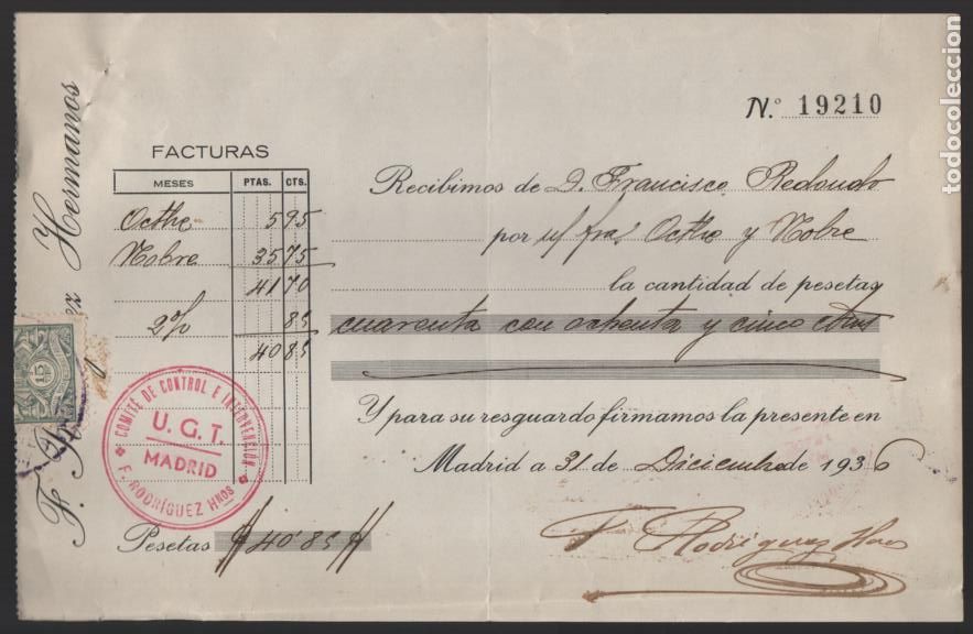 Militaria: MADRID, U.G.T. FACTURA CON SELLO ROJO COMITE DE CONTROL, VER FOTO