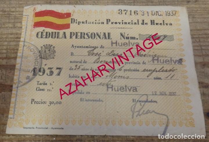 Militaria: HUELVA, CEDULA PERSONAL,TARIFA 1&ordf; CLASE 11, A&Ntilde;O 1937