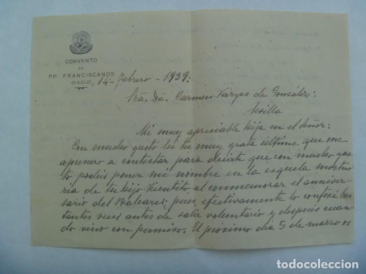 Military Antiques: GUERRA CIVIL : CARTA CONVENTO FRANCISCANOS DE CADIZ A MADRE MARINERO MUERTO EN EL BALEARES, 1939