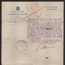 Militaria: CADIZ, ADMINISTRACION PRINCIPAL DE CORREOS, ENTREGA AL OFICIAL DEL VAPOR MARNEGRO- AÑO 1938, VER FOT