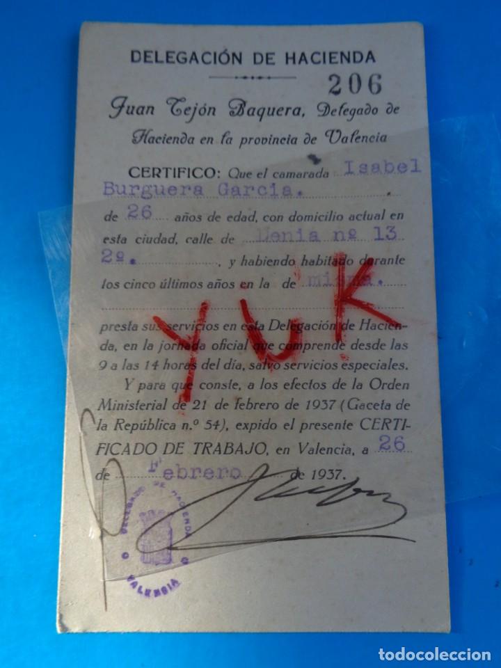 Militaria: CERTIFICADO DE TRABAJO DE HACIENDA - 1937 - GUERRA CIVIL - VALENCIA