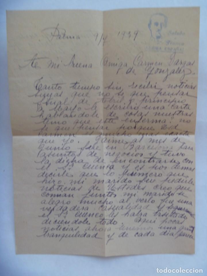 Militaria: CARTA CIRCULADA DESDE PALMA (DE MALLORCA ) A SEVILLA, 1939. SALUDO AFRANCO,  &iexcl; ARRIBA ESPA&Ntilde;A !