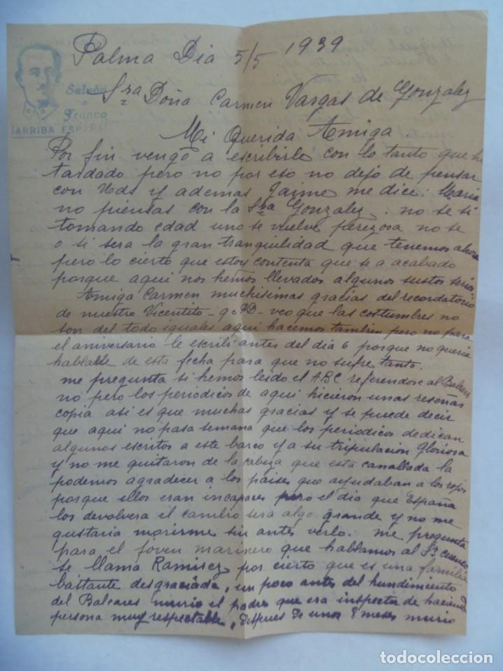 Militaria: CARTA CIRCULADA DESDE PALMA (DE MALLORCA ) A SEVILLA A MADRE DE MARINERO MUERTO EN EL BALERAES. 1939