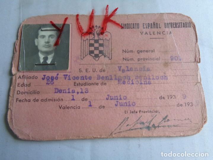 Militaria: CARNET SINDICATO UNIVERSITARIO SEU VALENCIA UNO DE LOS PRIMEROS POST GUERRA CIVIL 1939