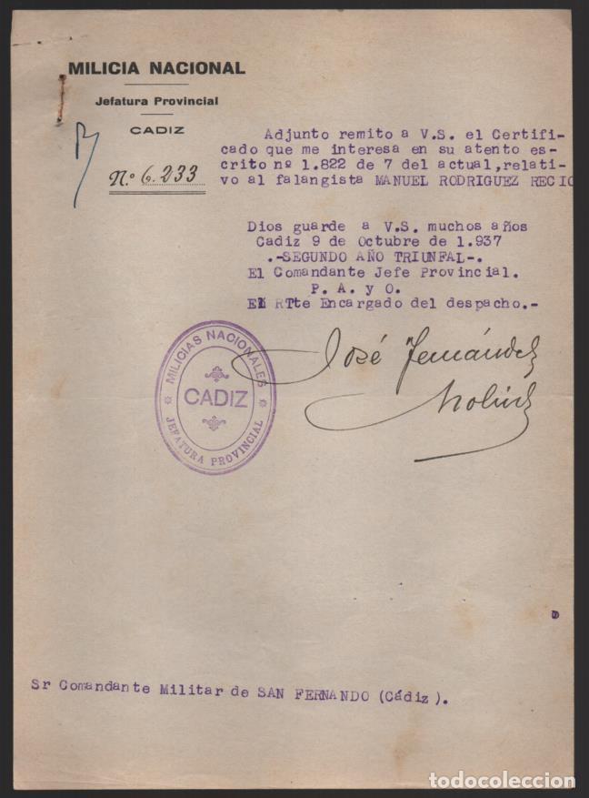 Militaria: CADIZ- MILICIA NACIONAL- SOLICITUD CERTIFICADO- 2 DOCUMENTOS, VER FOTOS