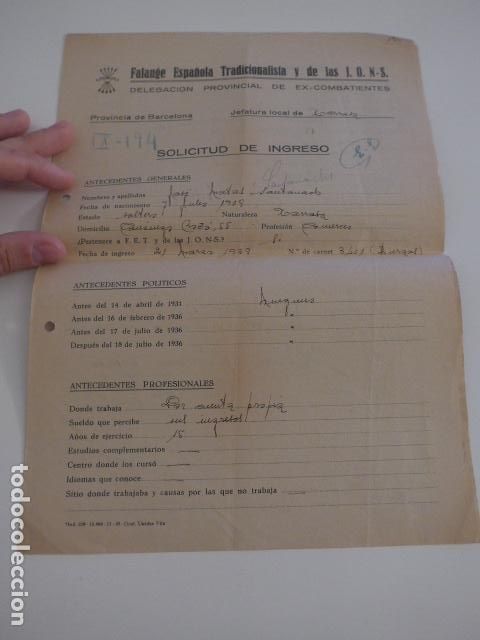 Militaria: Antigua ficha excombatiente falange de Barcelona, d Terrassa, pone todo lo que hizo en guerra civil.