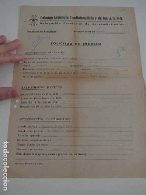 Militaria: Antigua ficha excombatiente falange de Barcelona, d Terrassa, pone todo lo que hizo en guerra civil.