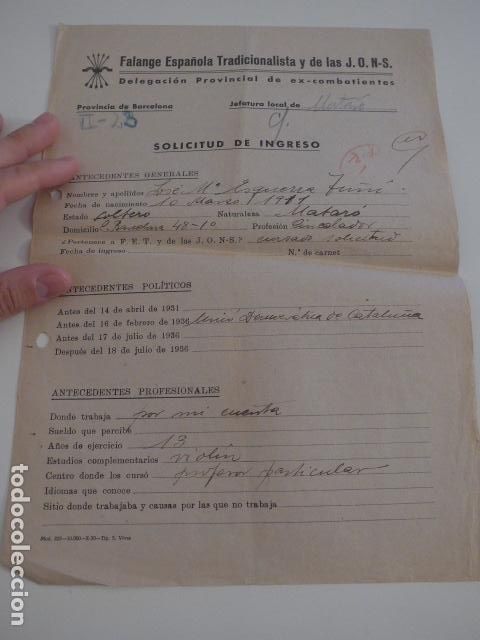 Militaria: Antigua ficha excombatiente falange de Barcelona, de matar&oacute;, pone todo lo que hizo en guerra civil.