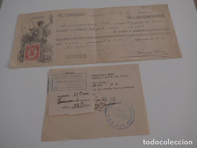 Militaria: Lote 2 factura con sellos distintos tampones de CNT en guerra civil, originales.