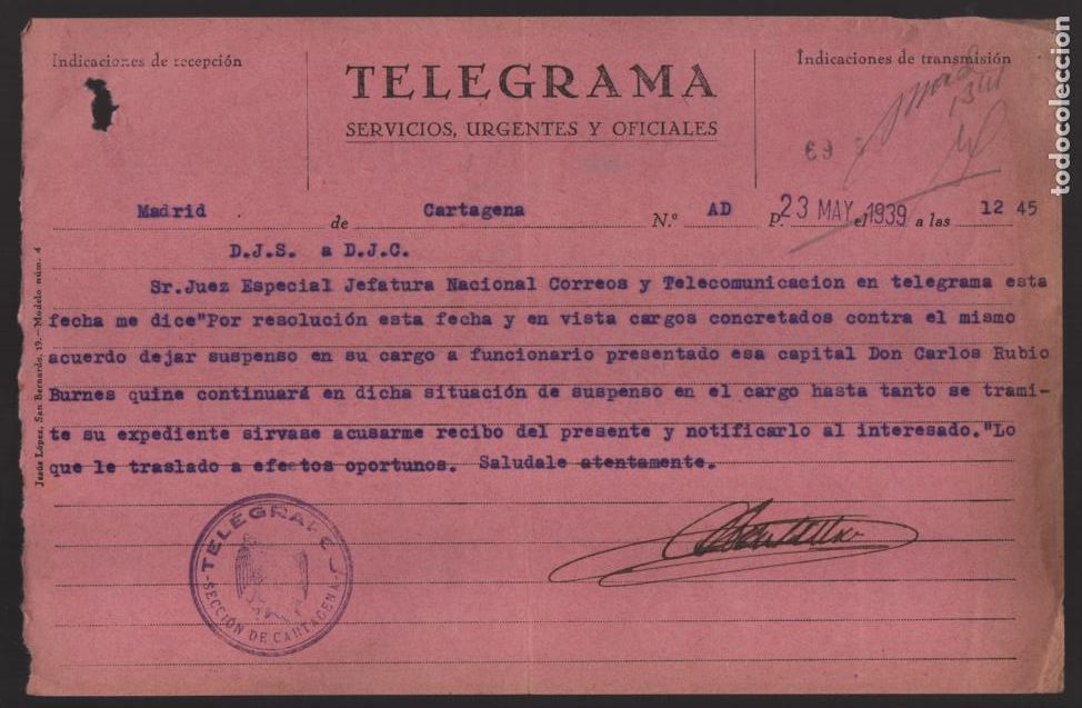 Militaria: CARTAGENA.- MADRID- TELEGRAMA SERV. URGENTE Y OFICIALES, DEPURACIONES POLITICAS- VER FOTO