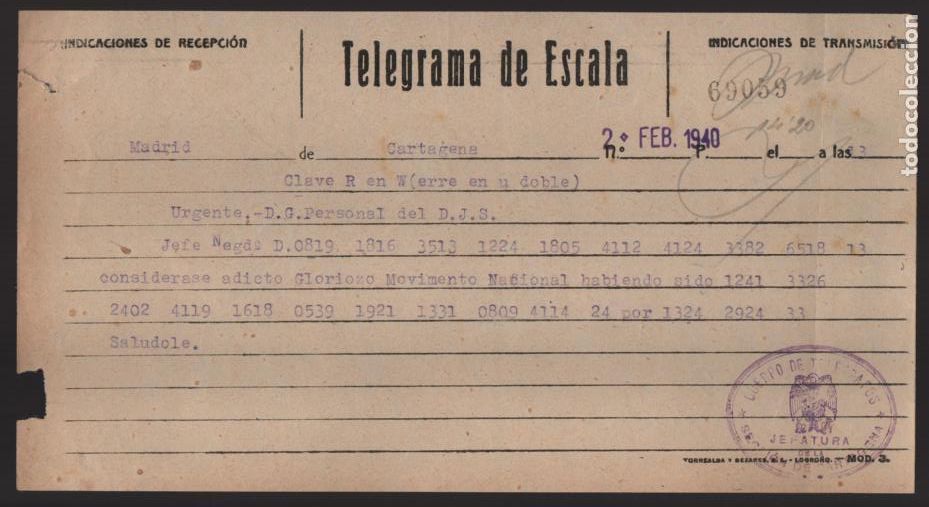 Militaria: CARTAGENA.- CARTAGENA- TELEGRAMA DE ESCALA, ADICTO AL MOVIMIENTO- VER FOTO