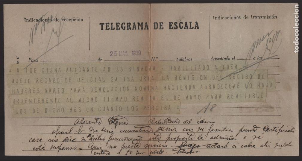 Militaria: ALICANTE. TELEGRAMA ESCALA, TRASLADO A DENIA, VER FOTO