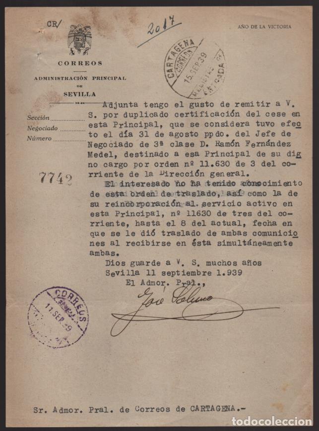 Militaria: SEVILLA,- CORREOS ADM. PRINCIPAL, CERTIFICADO DE CESE.- A&Ntilde;O 1939,. VER FOTO