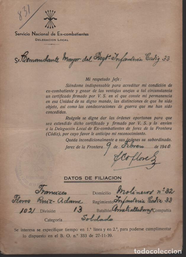 Military Antiques: JEREZ Fra.-CADIZ-, solidcitud certificado ex-combatiente, A&Ntilde;O 1940. VER FOTOS