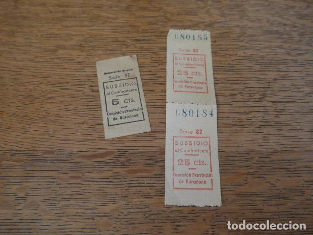 Military Antiques: Antiguo lote de 3 vales subsidio al combatiente de Barcelona, originales, guerra civil.