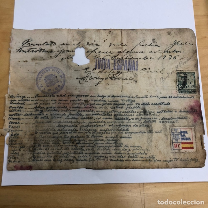 Militaria: Antigua carta de la guerra civil espa&ntilde;ola 1936 con sellos delegado civil de mi&ntilde;o