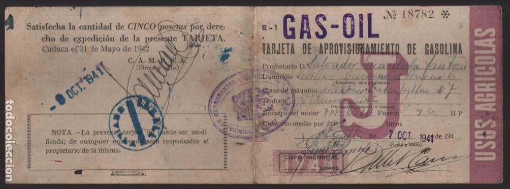 Militaria: SEVILLA.-TARJETA APROVISIONAMIENTO DE GAS--OIL-- GASOLINA,- VER FOTOS