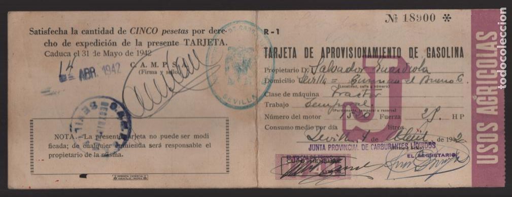 Militaria: SEVILLA.-TARJETA APROVISIONAMIENTO DE GASOLINA,- VER FOTOS