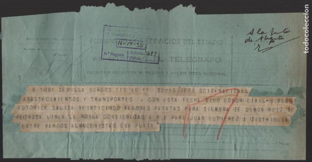 Militaria: SEVILLA - BURGOS-TELEGRAMA, JEFE SECCION NACIONAL ABASTECIMIENTO,- VER FOTO