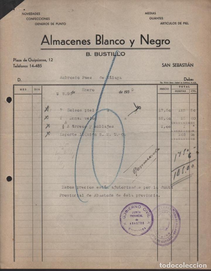 Militaria: GUIPUZCOA, ALMACENES BLANCO Y NEGRO- COFECCIONES Y GENERO PUNTO--JUNTA PRV. ABASTO A&Ntilde;O 1939-VER FOTO