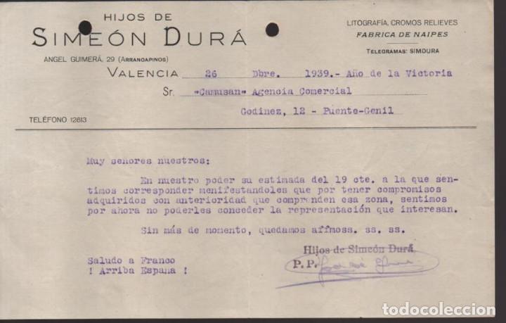 Military Antiques: VALENCIA- SIMEON DUR- FABRICA DE NAIPES-- A&Ntilde;O 1939- VER FOTO