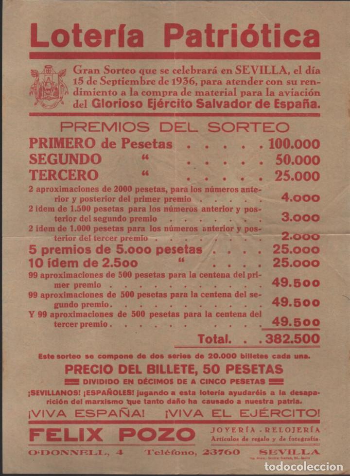 Militaria: SEVILLA, CARTEL PREMIOS SORTEO -LOTERIA PATRIOTICA- EL DIA 15 DE SEPTIEMBRE1936.-MIDE:29 X 21,50 C.M