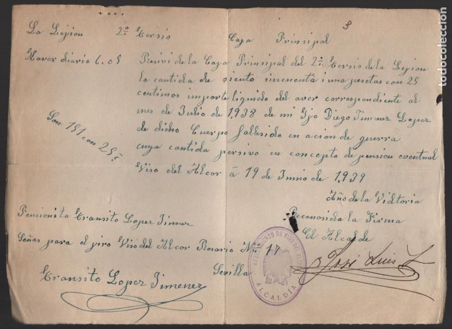 Militaria: VISO DEL ALCOR- SEVILLA-  FIRMADO- EL ALCALDE , SELLO ALCALDIA.-A&Ntilde;O 1939, VER FOTO