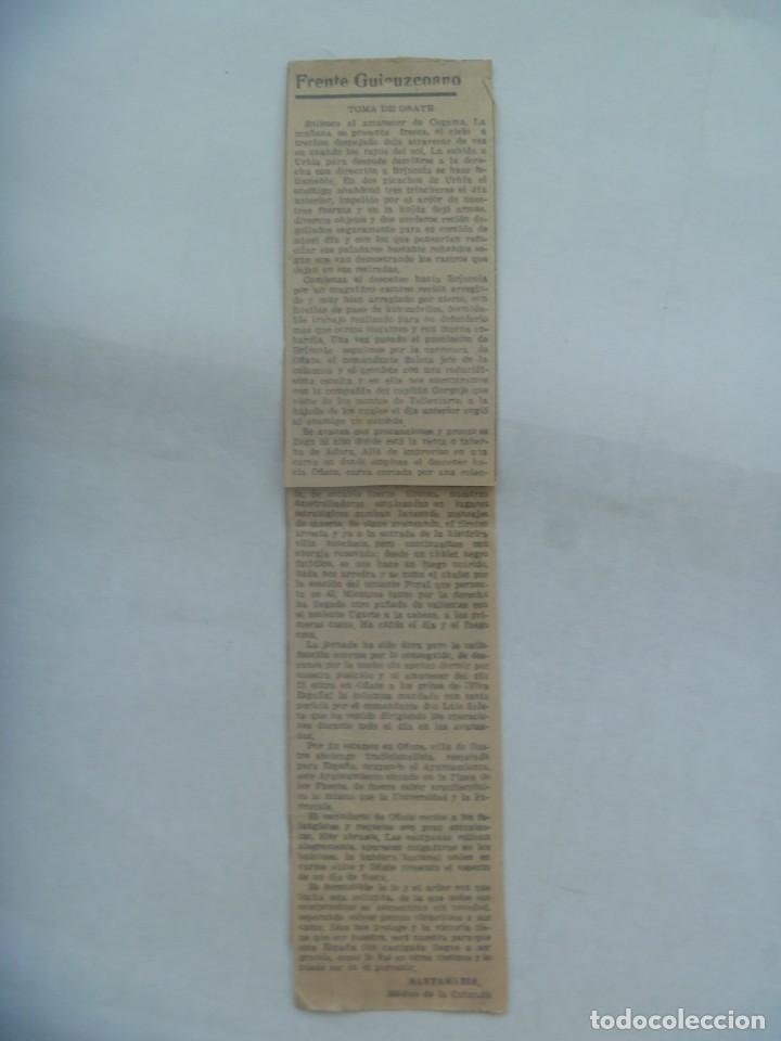 Military Antiques: GUERRA CIVIL : RECORTE PERIODICO CON ARTICULO SOBRE FRENTE GUIPUZCOANO, POR EL MEDICO DE LA COLUMNA