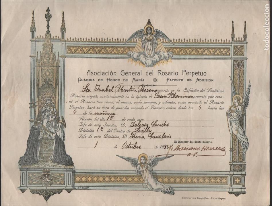 Militaria: EL SANTO ROSARIO.-GUARDIA DE HONOR DE MARIA- OCTUBRE 1936,- MIDE: 28 X 22 C.M.VER FOTO