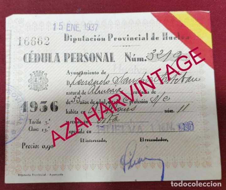 Militaria: HUELVA, CEDULA PERSONAL,TARIFA 3&ordf; CLASE 13, A&Ntilde;O 1936