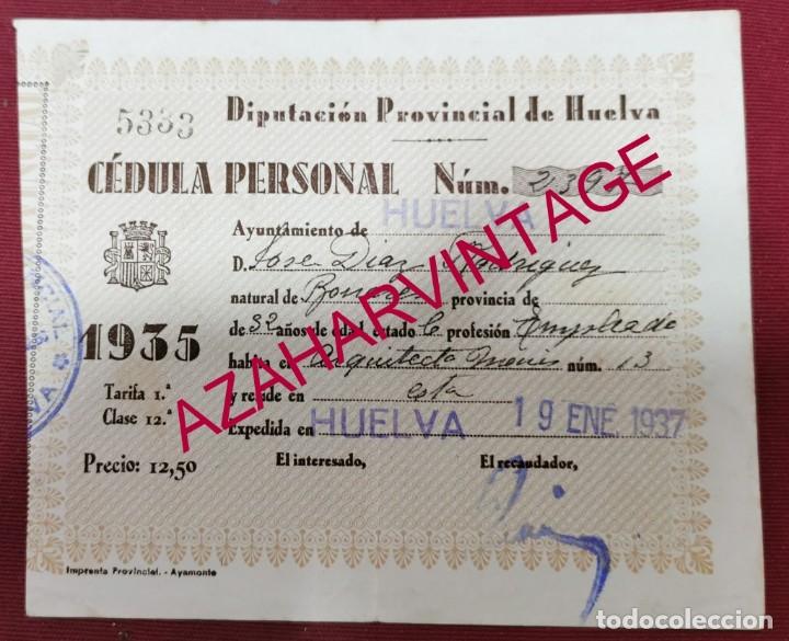 Militaria: HUELVA, CEDULA PERSONAL,TARIFA 1&ordf; CLASE 12, A&Ntilde;O 1937, EN FORMATO DE 1935, RARA