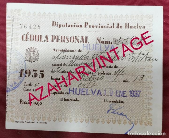 Militaria: HUELVA, CEDULA PERSONAL,TARIFA 3&ordf; CLASE 13, A&Ntilde;O 1937, EN FORMATO DE 1935, RARA