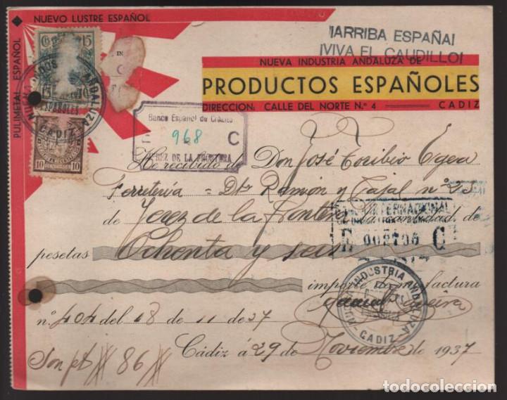 Militaria: CADIZ- RECIBI.- NUEVA INDUSTRIA ANDALUZA- 29 NOVIEMBRE 1937- VER FOTOS