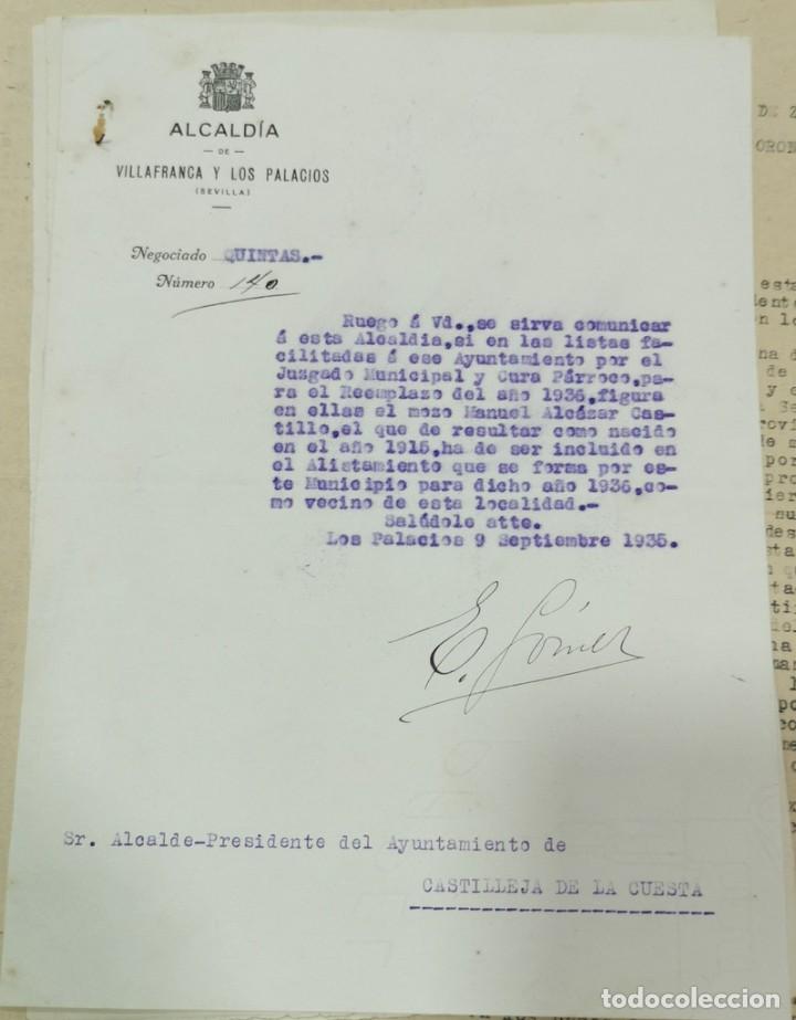 Militaria: VILLAFRANCA Y LOS PALACIOS,1936, GUERRA CIVIL, SOLICITUD INFORMACION MOZO REEMPLAZO, MEMBRETE AYUNTA