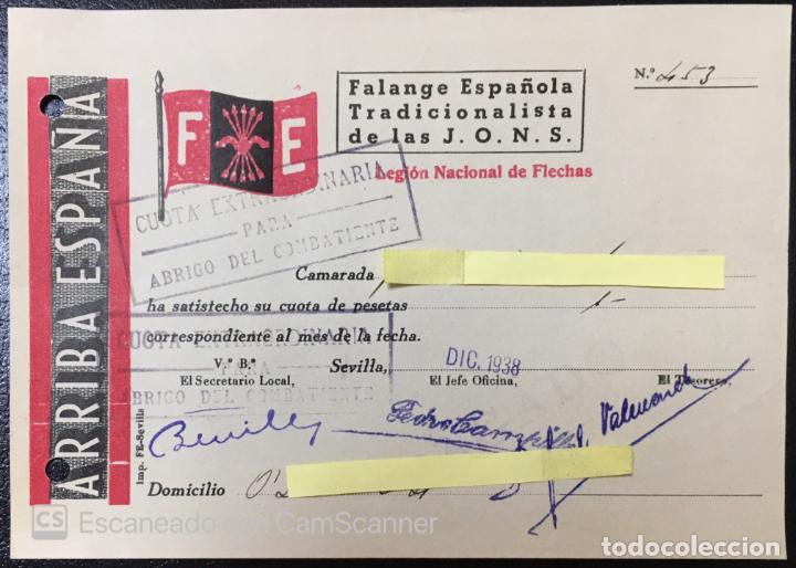 Militaria: Cuota Falange Espa&ntilde;ola a&ntilde;o 1938. Cuota extraordinaria para Abrigo del Combatiente