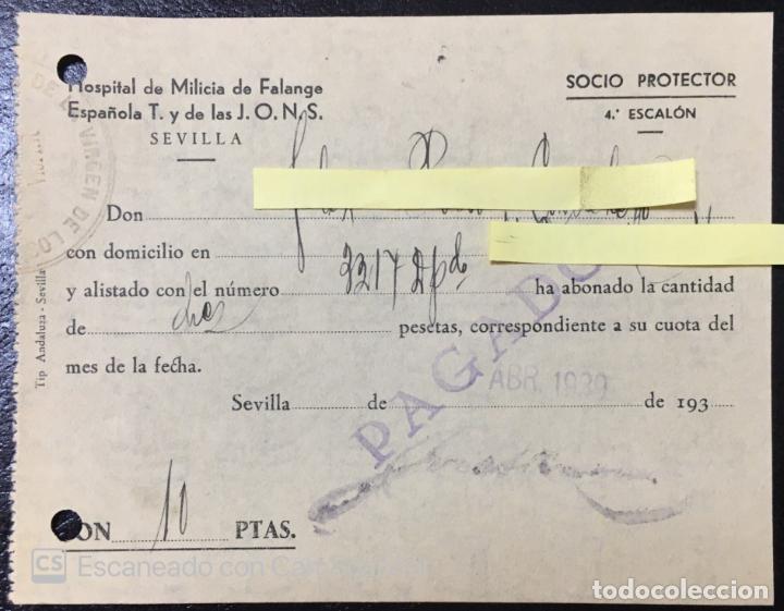 Militaria: Cuota socio protector Hospital de Milicia Falange Espa&ntilde;ola de Sevilla. A&ntilde;o 1939