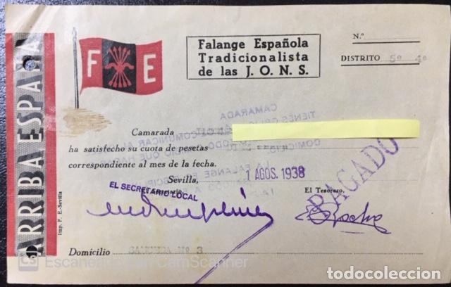 Militaria: Cuota Falange Espa&ntilde;ola Sevilla Agosto 1938. Con sello en reverso ver foto