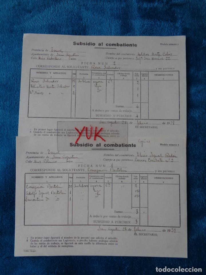 Militaria: 2 FICHAS DE SUBSIDIO AL COMBATIENTE DEL AYUNTAMIENTO DE AGUSTIN (TERUEL) - 26 FEBRERO 1939